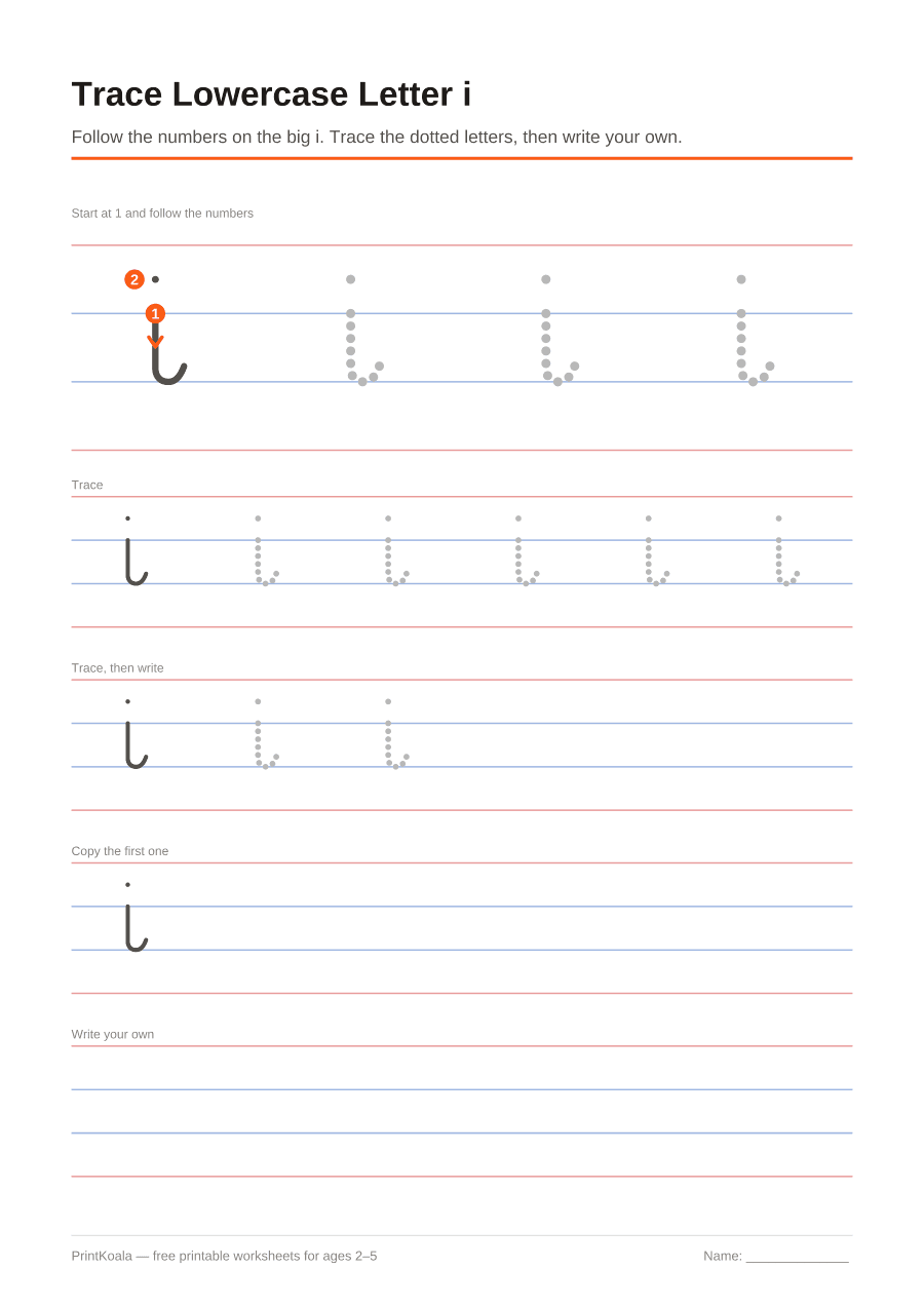 Full preview of the Trace Lowercase Letter i worksheet
