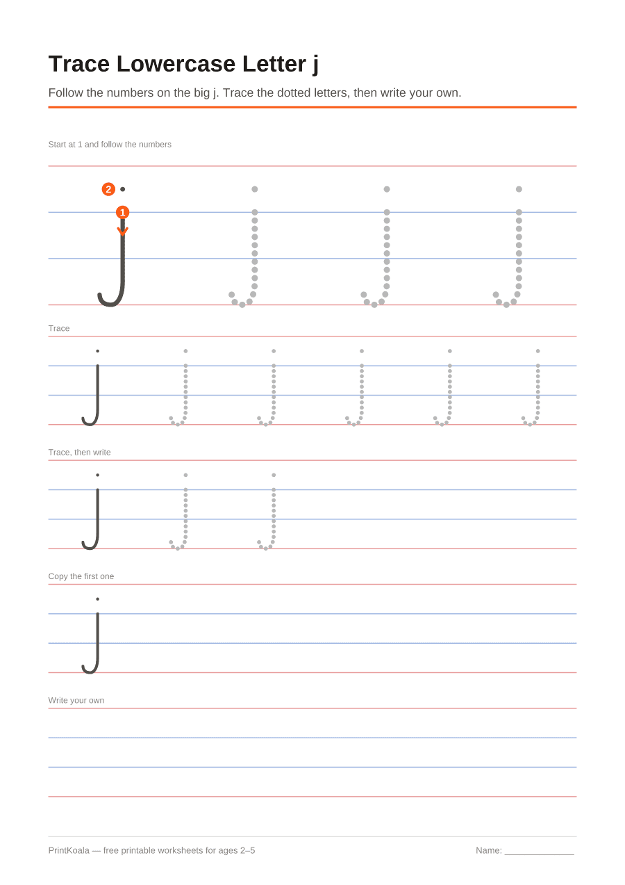 Full preview of the Trace Lowercase Letter j worksheet