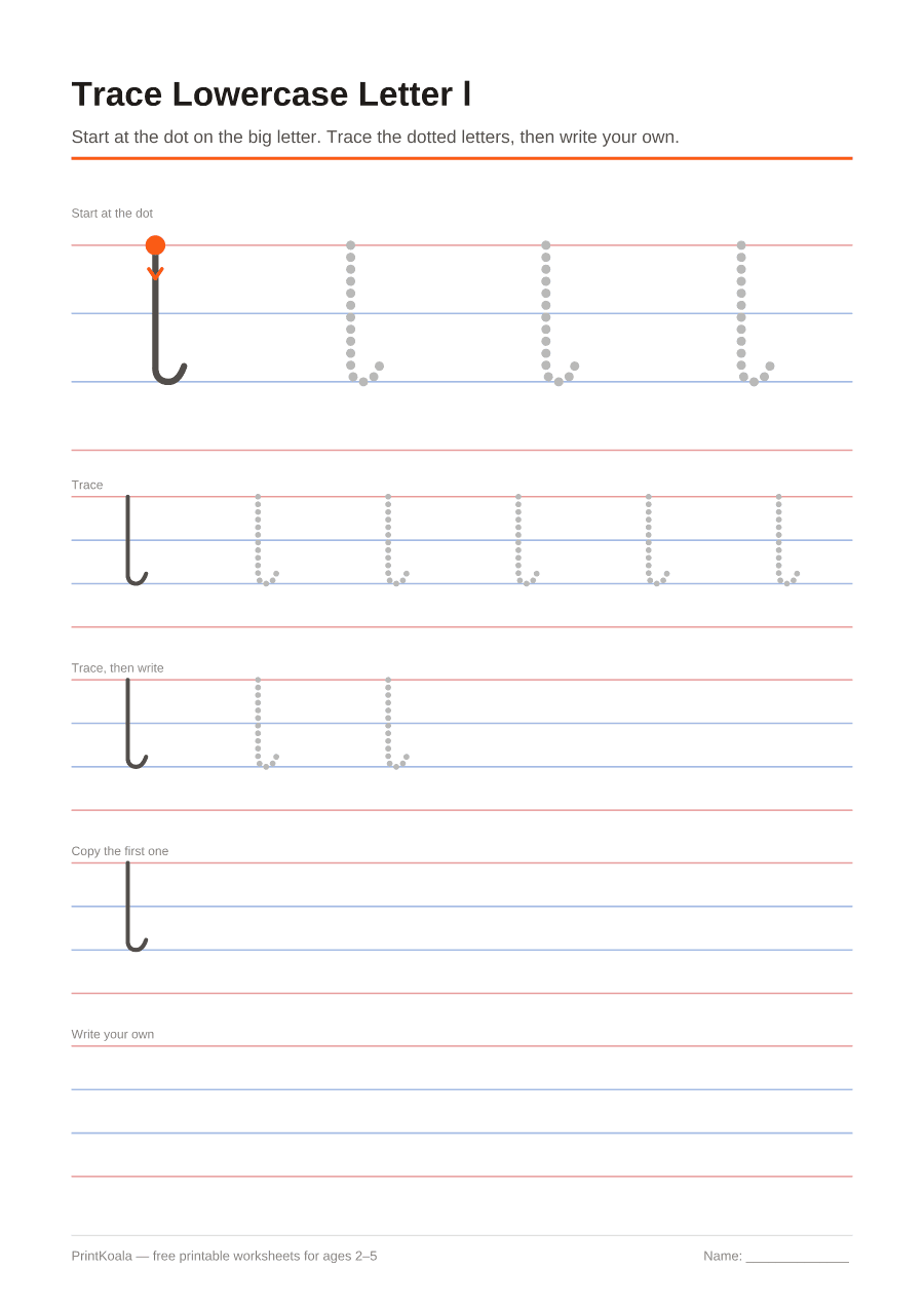Full preview of the Trace Lowercase Letter l worksheet
