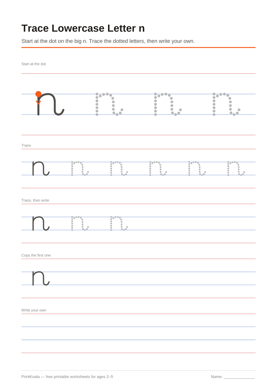 Full preview of the Trace Lowercase Letter n worksheet