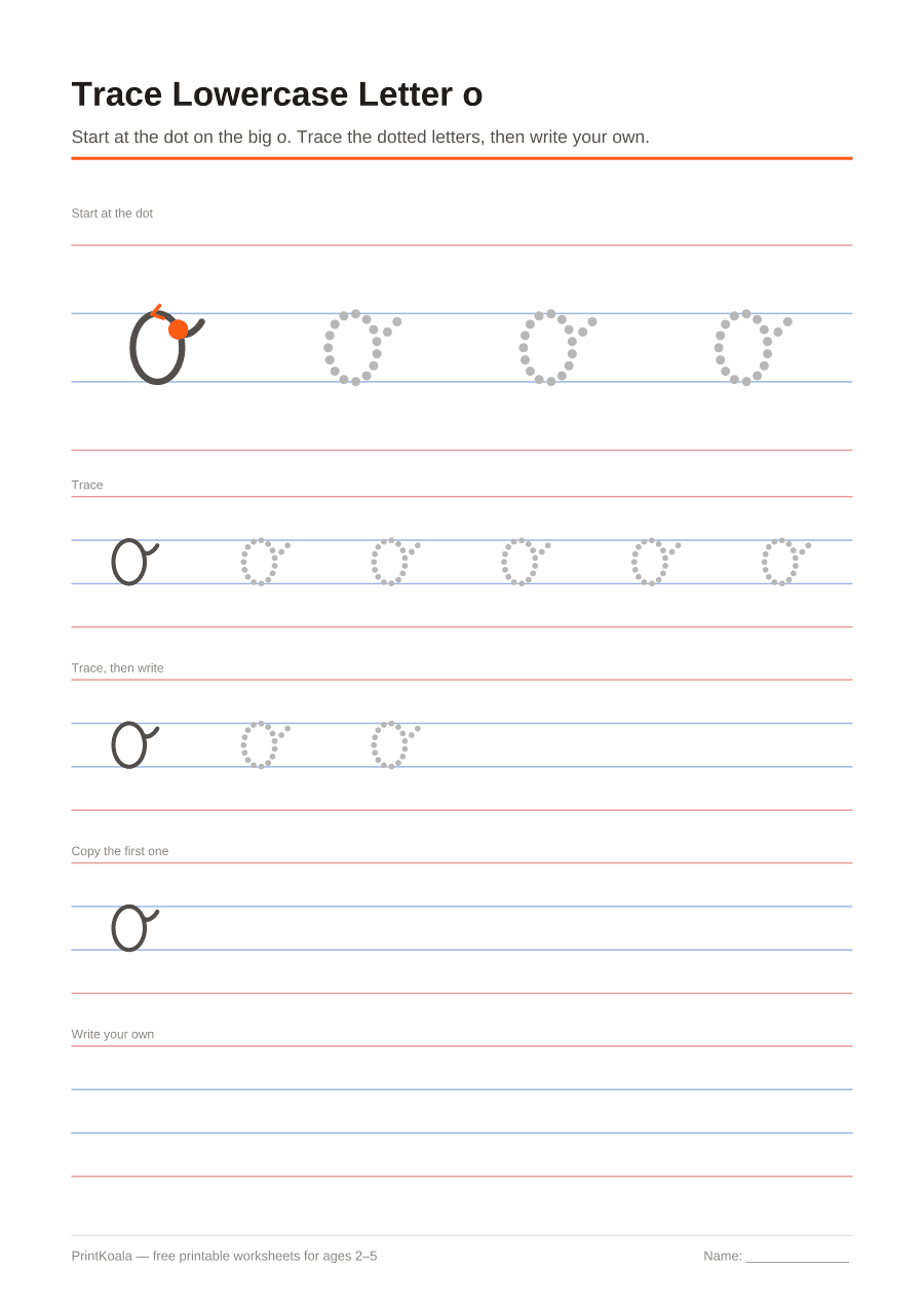 Full preview of the Trace Lowercase Letter o worksheet