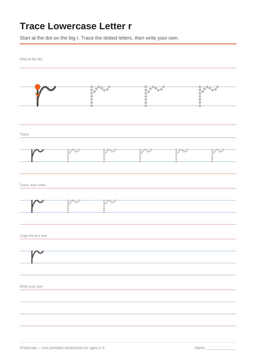 Full preview of the Trace Lowercase Letter r worksheet