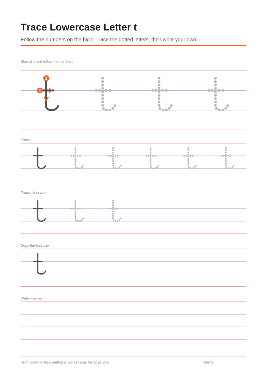 Full preview of the Trace Lowercase Letter t worksheet