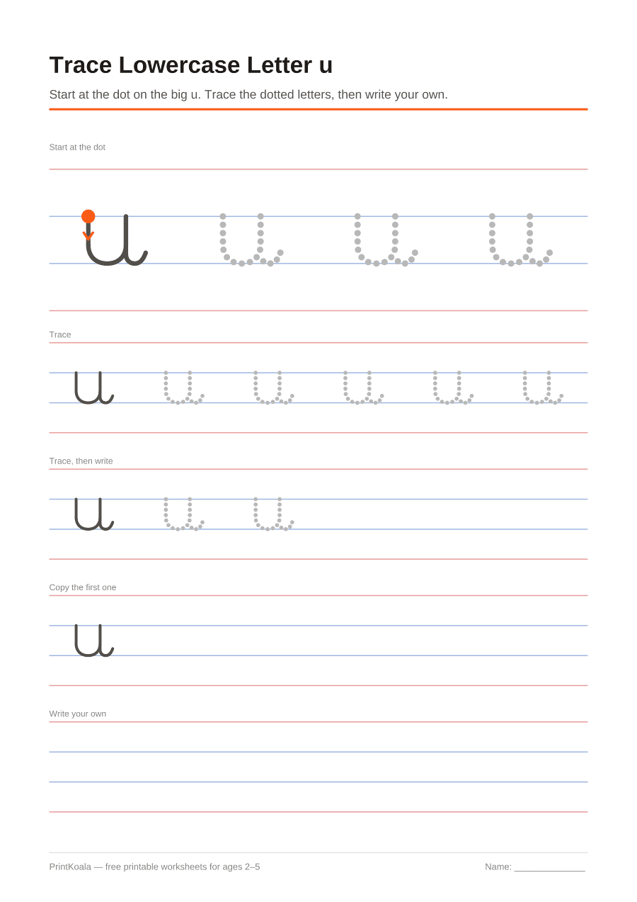 Full preview of the Trace Lowercase Letter u worksheet