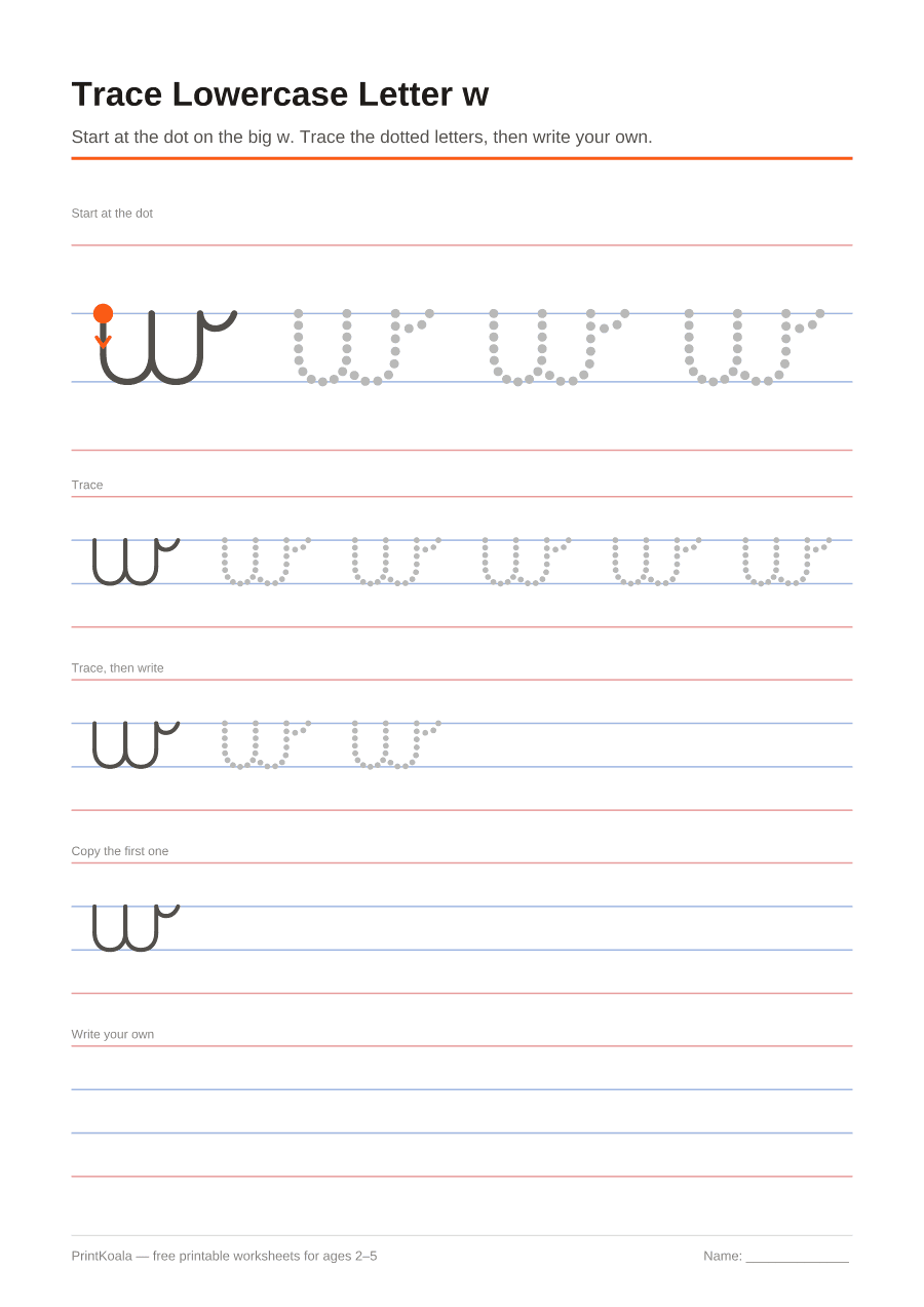 Full preview of the Trace Lowercase Letter w worksheet