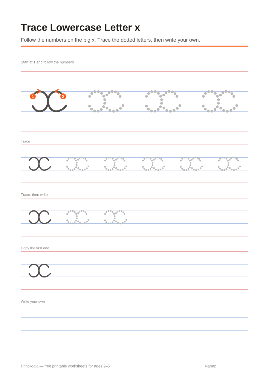 Full preview of the Trace Lowercase Letter x worksheet