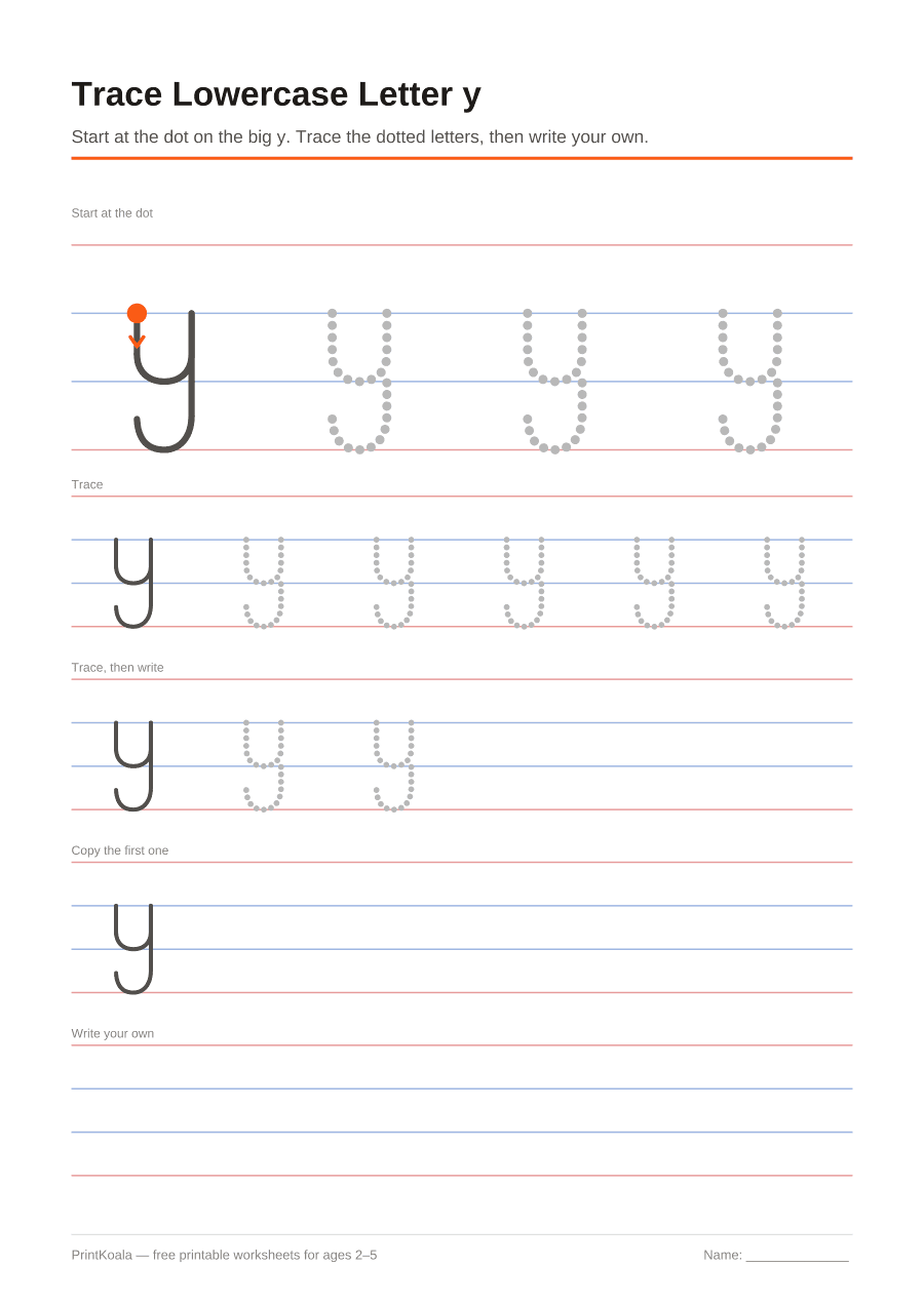 Full preview of the Trace Lowercase Letter y worksheet