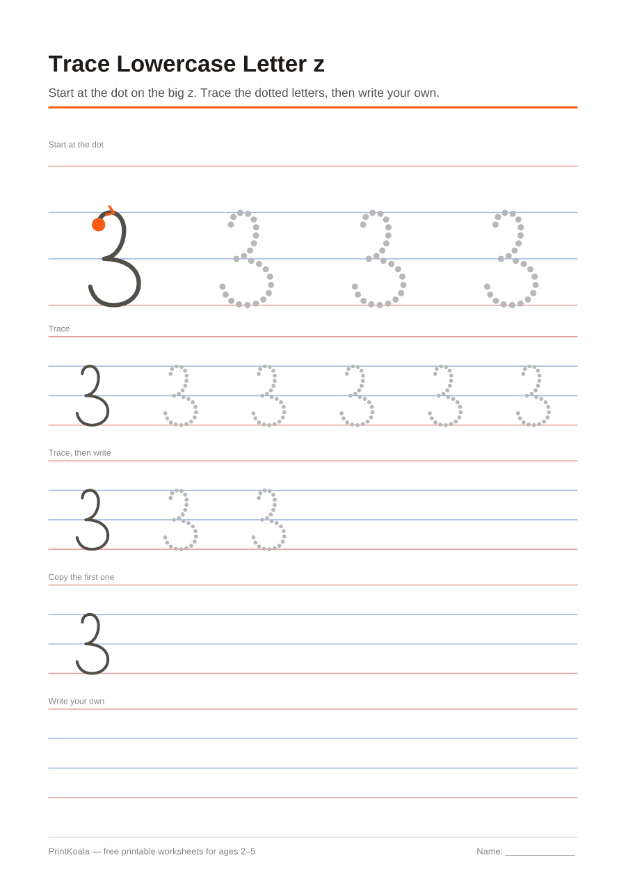 Full preview of the Trace Lowercase Letter z worksheet