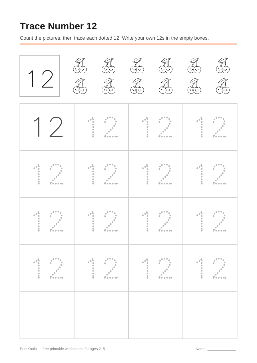 Full preview of the Trace Number 12 worksheet