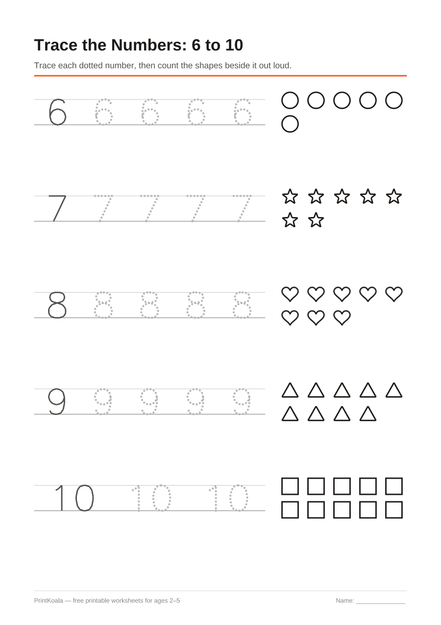 Full preview of the Trace Numbers 6 to 10 worksheet