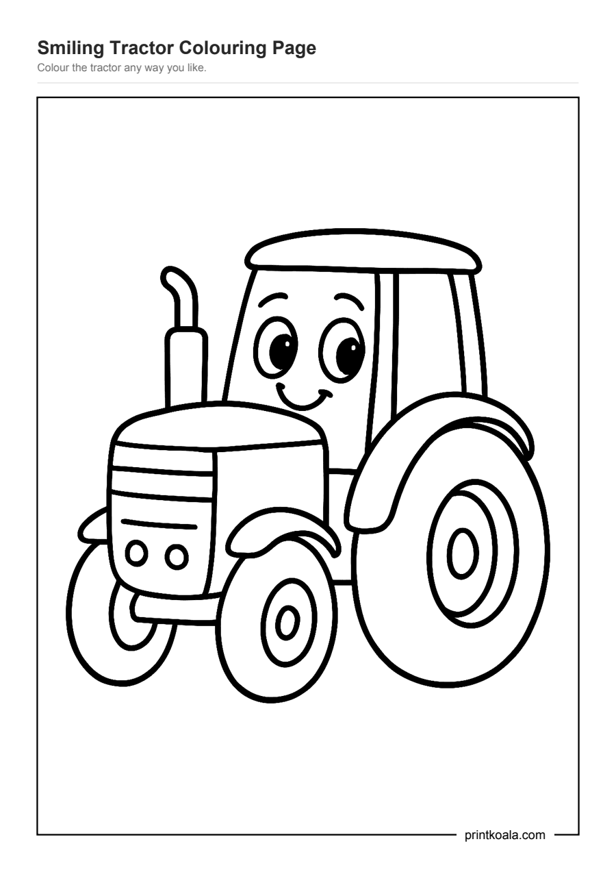 Full preview of the Smiling Tractor Colouring Page worksheet