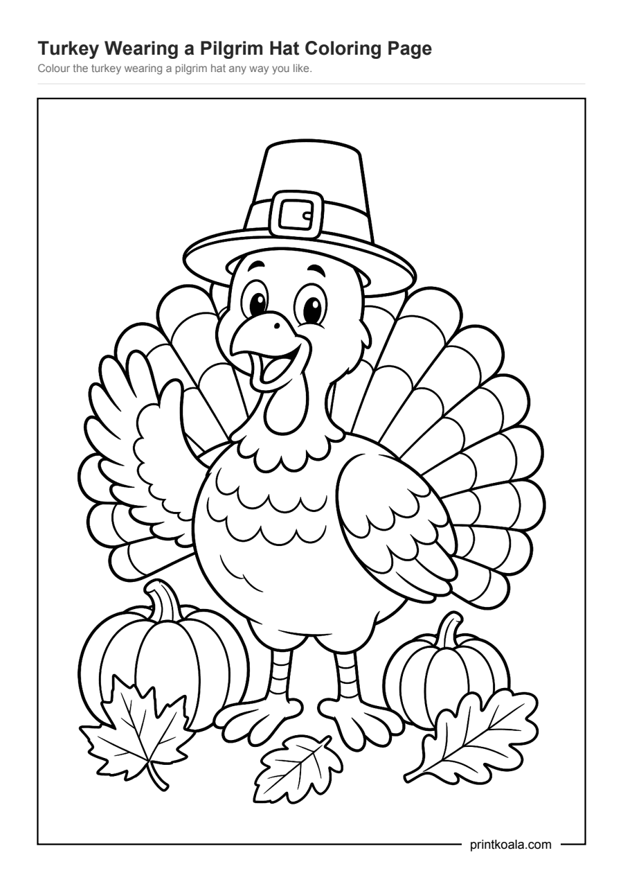 Full preview of the Turkey Wearing a Pilgrim Hat Coloring Page worksheet