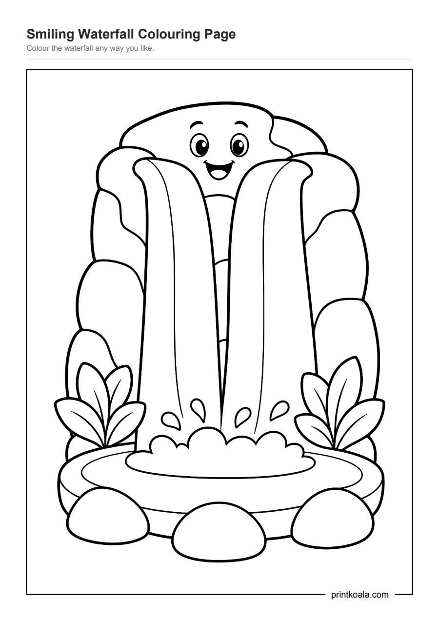 Full preview of the Smiling Waterfall Colouring Page worksheet