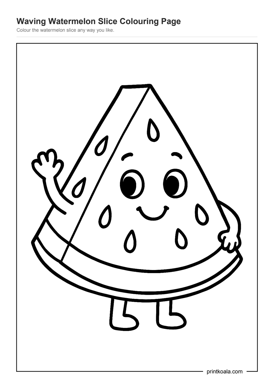 Full preview of the Waving Watermelon Slice Colouring Page worksheet