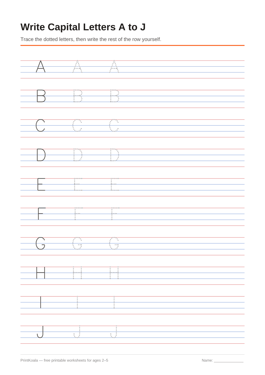 Full preview of the Write Capital Letters A to J worksheet