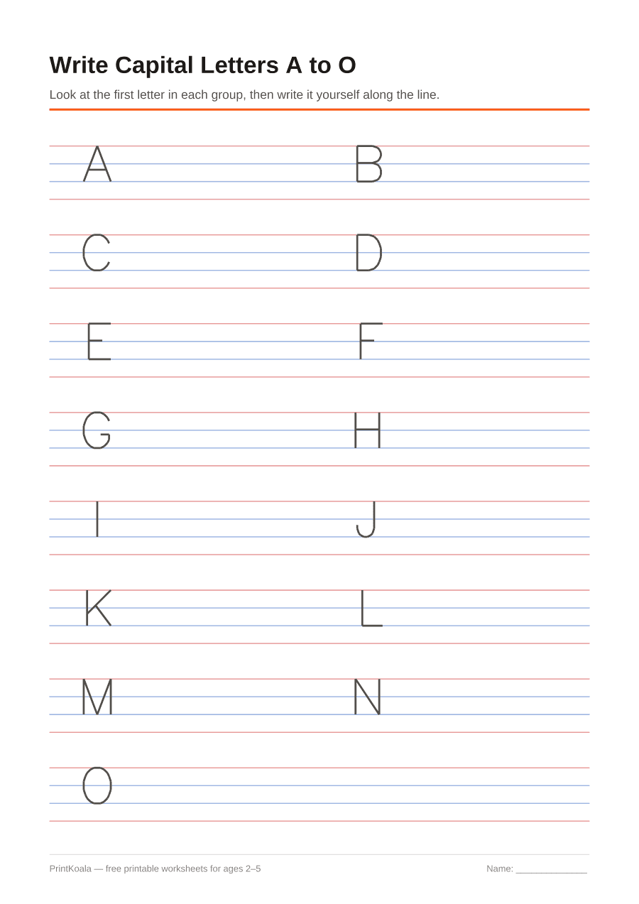 Full preview of the Write Capital Letters A to O worksheet