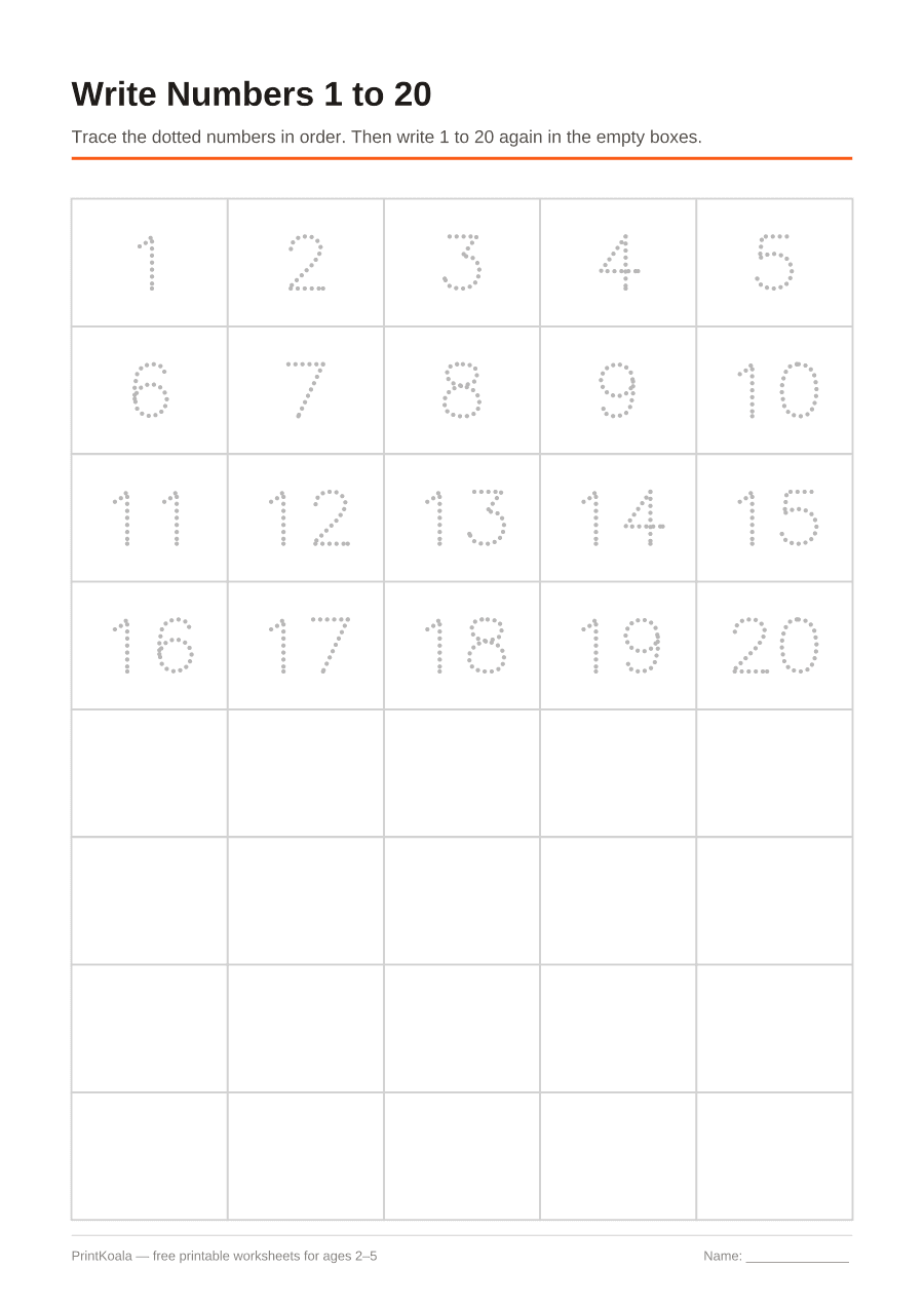 Full preview of the Write Numbers 1 to 20 worksheet