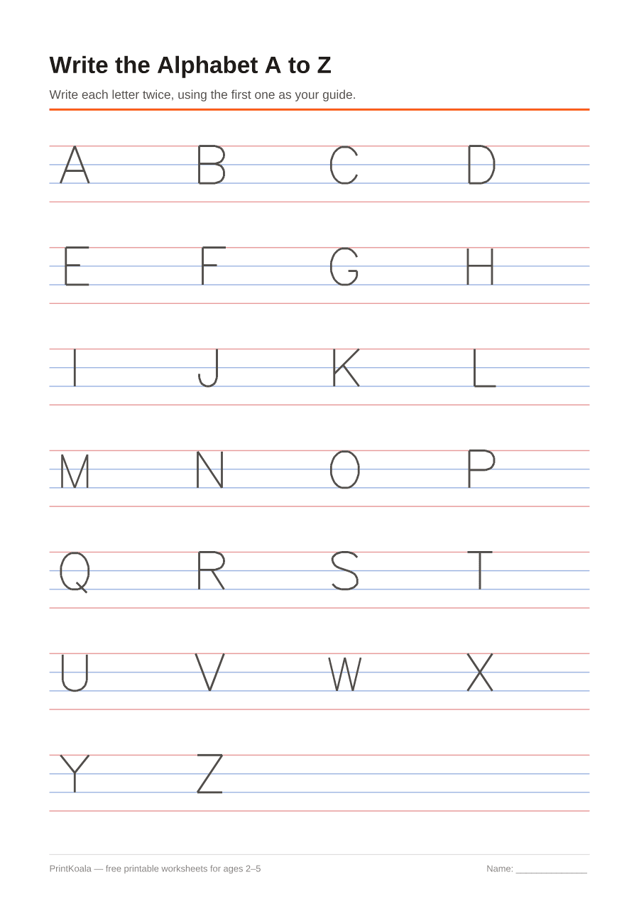 Full preview of the Write the Alphabet A to Z worksheet