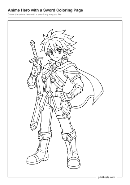 Preview of the Anime Hero with a Sword Coloring Page printable worksheet