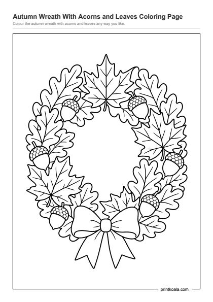 Preview of the Autumn Wreath With Acorns and Leaves Coloring Page printable worksheet