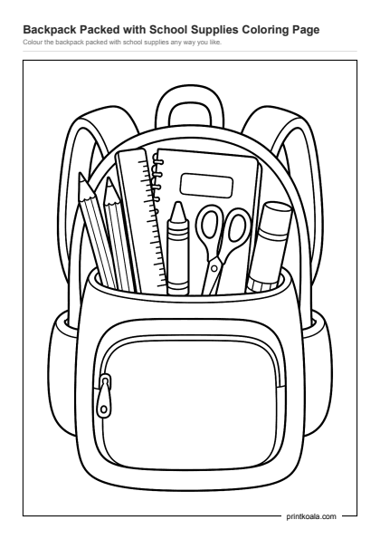 Preview of the Backpack Packed with School Supplies Coloring Page printable worksheet