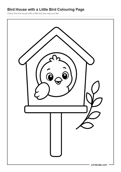 Preview of the Bird House with a Little Bird Colouring Page printable worksheet