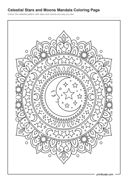 Preview of the Celestial Stars and Moons Mandala Coloring Page printable worksheet