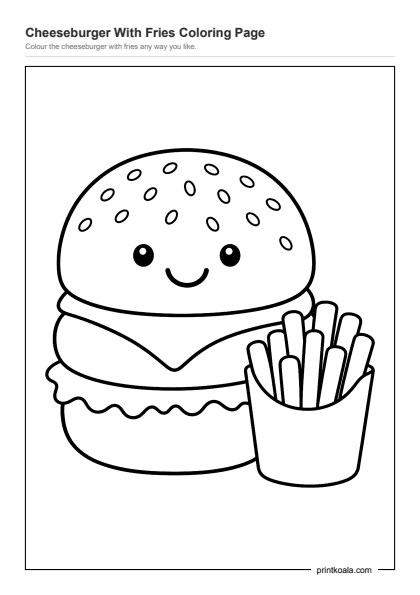 Preview of the Cheeseburger With Fries Coloring Page printable worksheet