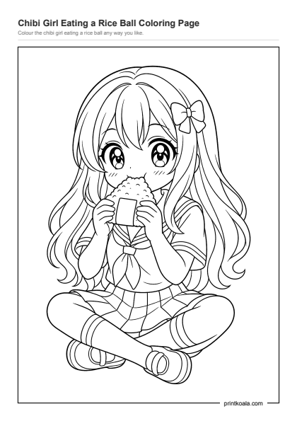 Preview of the Chibi Girl Eating a Rice Ball Coloring Page printable worksheet