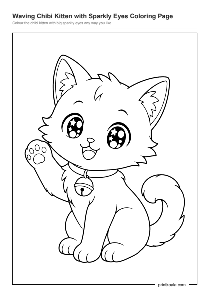 Preview of the Waving Chibi Kitten with Sparkly Eyes Coloring Page printable worksheet
