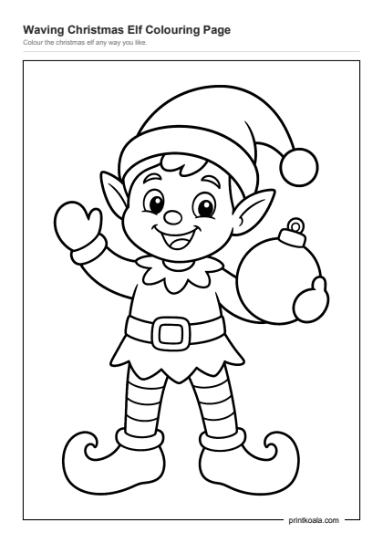 Preview of the Waving Christmas Elf Colouring Page printable worksheet