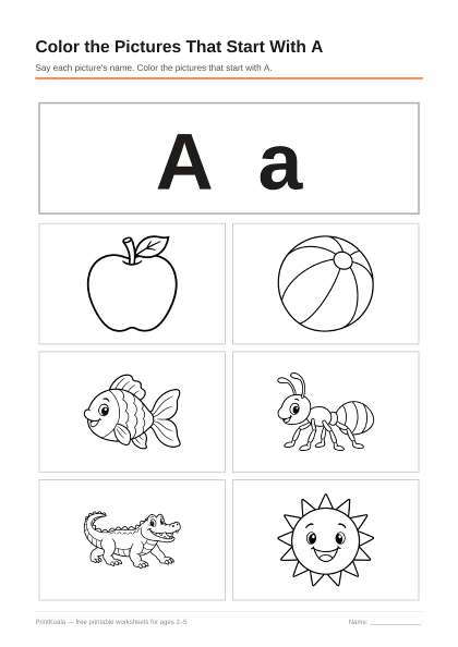 Preview of the Color the Pictures That Start With A printable worksheet