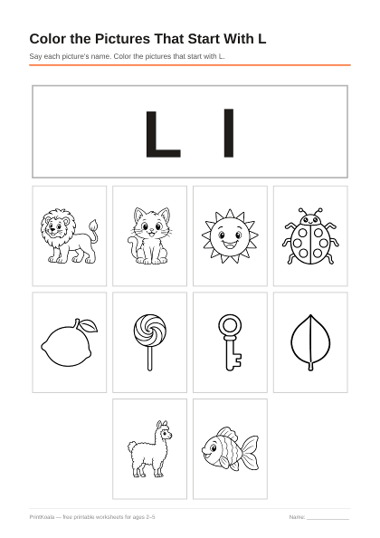 Preview of the Color the Pictures That Start With L printable worksheet