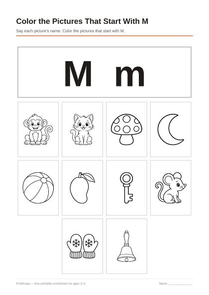 Preview of the Color the Pictures That Start With M printable worksheet