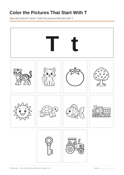 Preview of the Color the Pictures That Start With T printable worksheet