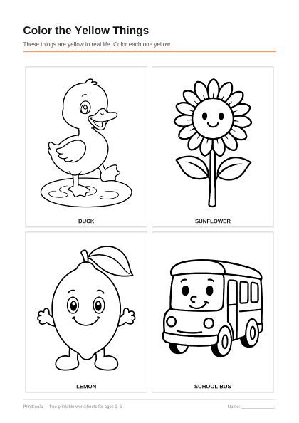 Preview of the Color the Yellow Things printable worksheet
