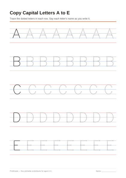 Preview of the Copy Capital Letters A to E printable worksheet
