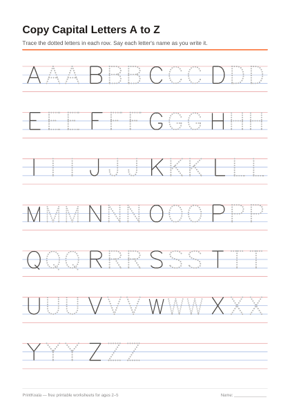 Preview of the Copy Capital Letters A to Z printable worksheet