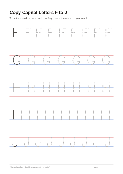 Preview of the Copy Capital Letters F to J printable worksheet