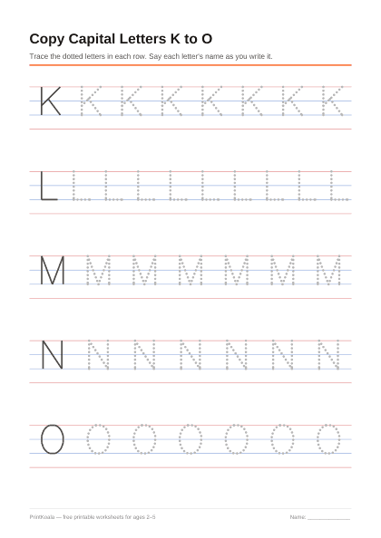 Preview of the Copy Capital Letters K to O printable worksheet