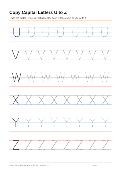 Preview of the Copy Capital Letters U to Z printable worksheet