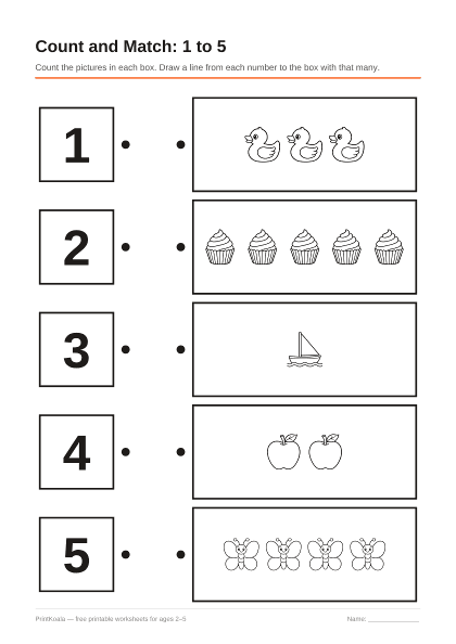 Preview of the Count and Match: 1 to 5 printable worksheet