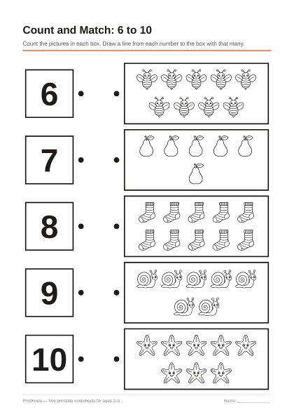 Preview of the Count and Match: 6 to 10 printable worksheet