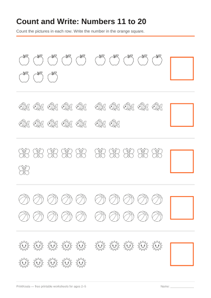 Preview of the Count and Write: Numbers 11 to 20 printable worksheet
