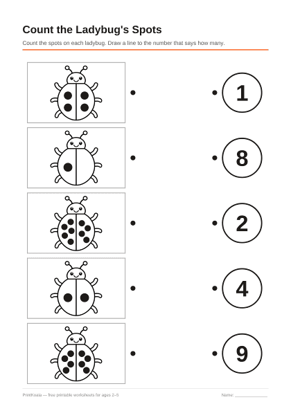 Preview of the Count the Ladybug's Spots printable worksheet