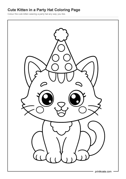 Preview of the Cute Kitten in a Party Hat Coloring Page printable worksheet
