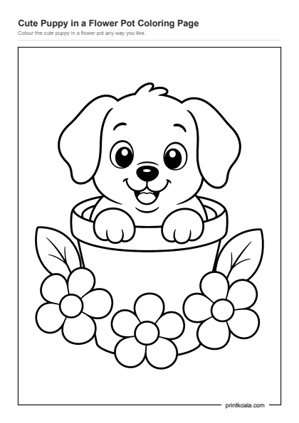 Preview of the Cute Puppy in a Flower Pot Coloring Page printable worksheet