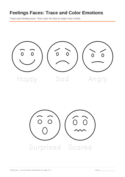 Preview of the Feelings Faces: Trace and Color Emotions printable worksheet