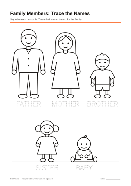 Preview of the Family Members: Trace the Names printable worksheet