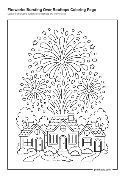 Preview of the Fireworks Bursting Over Rooftops Coloring Page printable worksheet